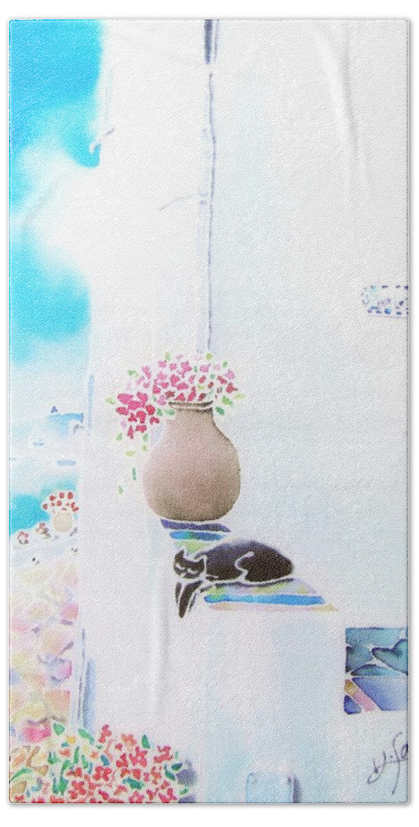 White Hand Towel featuring the painting Casa blanca by Hisayo OHTA