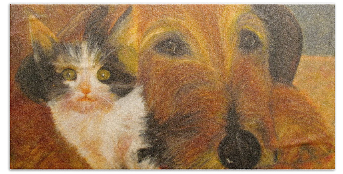 Cat Hand Towel featuring the painting Cat and Dog Original Oil Painting by Anthony Morretta