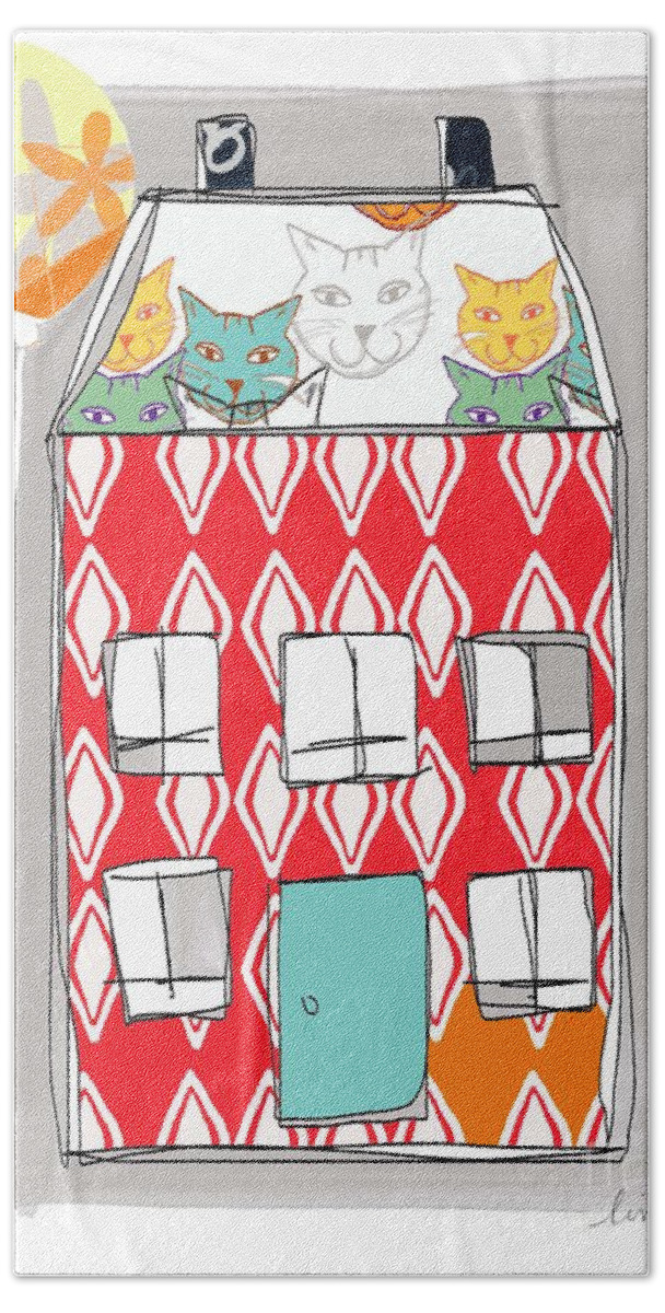 Cat Hand Towel featuring the painting Cat House by Linda Woods