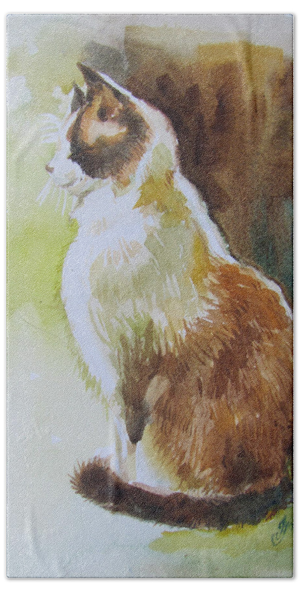 Cat Bath Towel featuring the painting White and Brown Cat by Jyotika Shroff