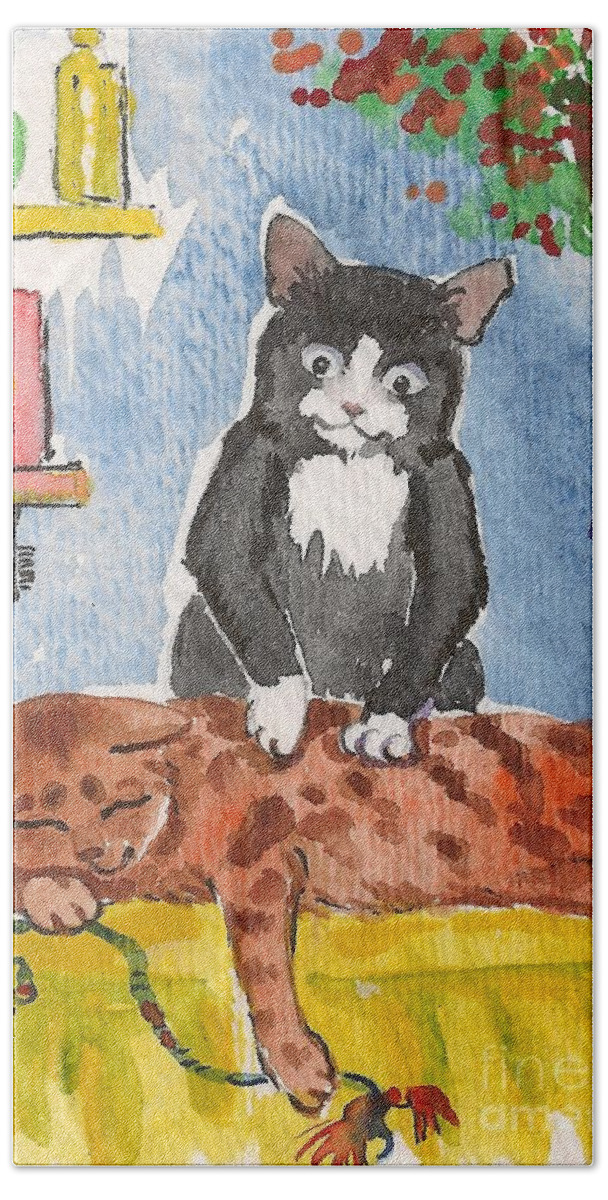 Print Bath Towel featuring the painting Cat Massage by Margaryta Yermolayeva