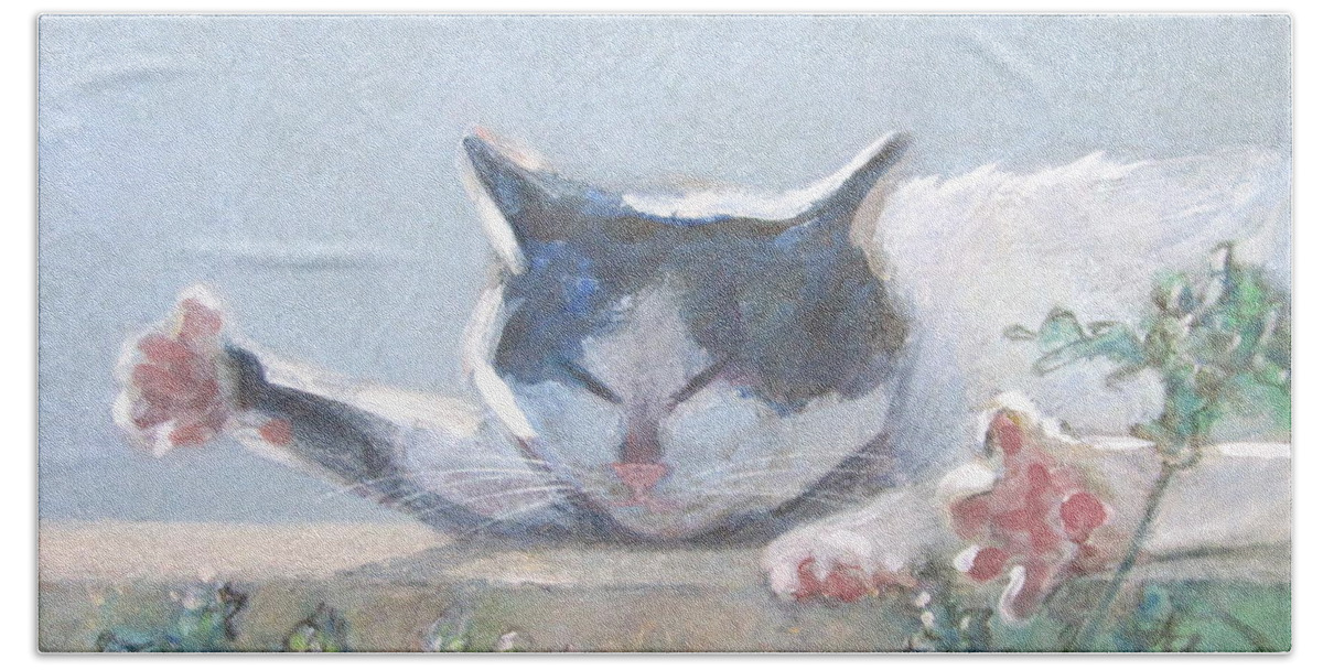 Cat With Geraniums Hand Towel featuring the painting Cat with Geraniums by Kazumi Whitemoon