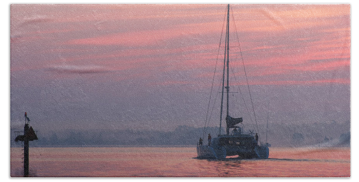 Bay Bath Towel featuring the photograph Catamaran at Dawn by David Kay
