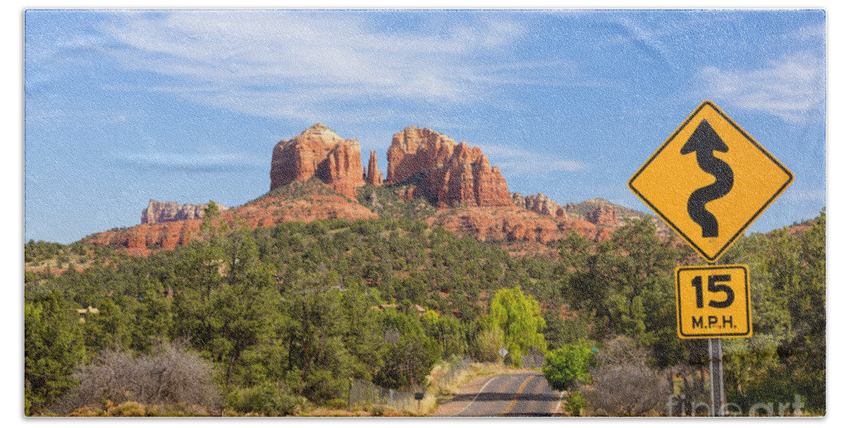 Red Rock Hand Towel featuring the photograph Cathedral Rock and road in Sedona by Ken Brown