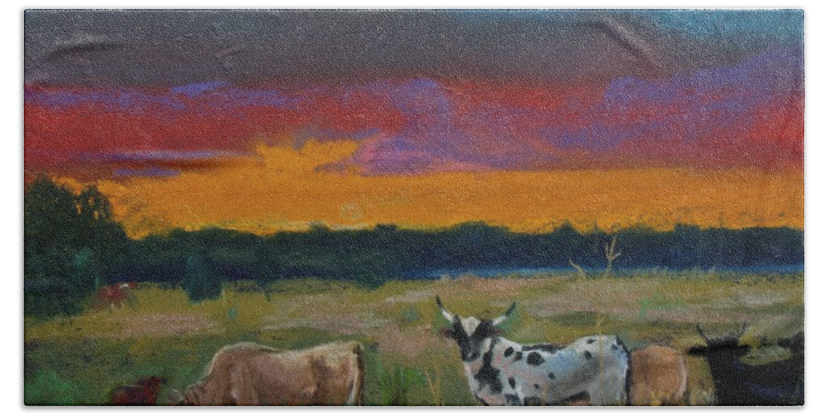 Cattle Bath Towel featuring the painting Cattle's Cadence by Robin Pedrero