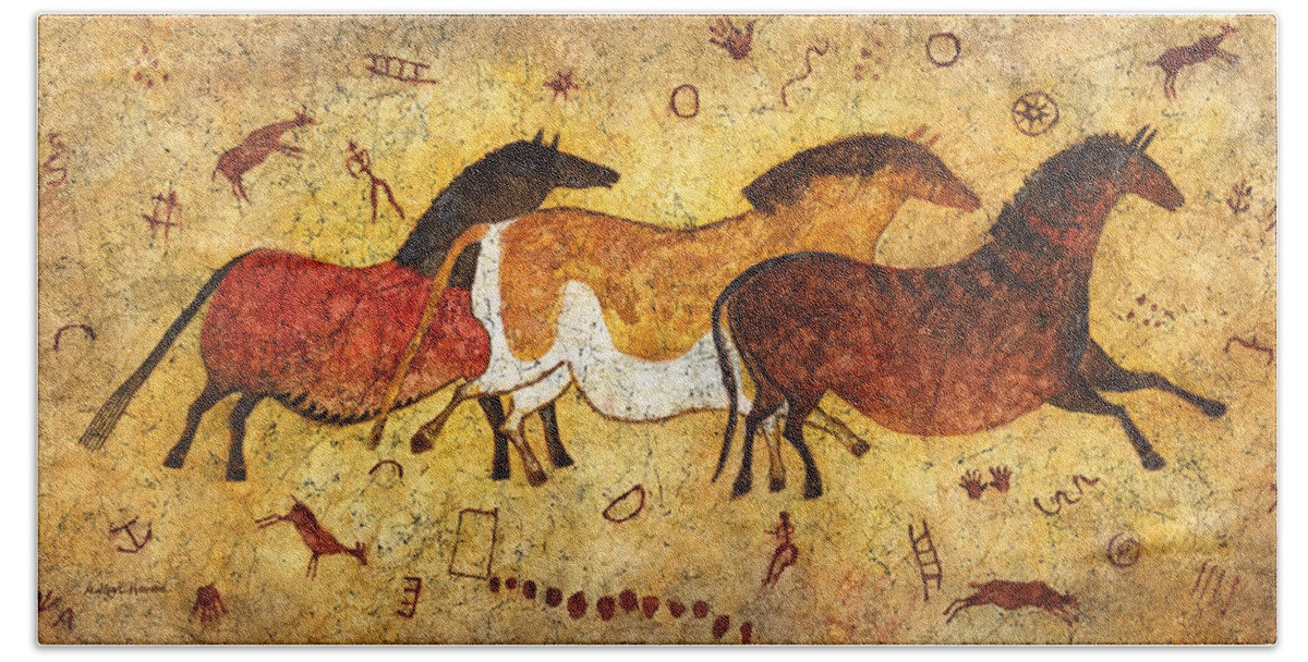 Cave Bath Towel featuring the painting Cave Horses by Hailey E Herrera