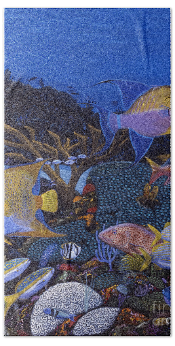 Trigger Fish Hand Towel featuring the painting Cayman Reef 1 RE0021 by Carey Chen