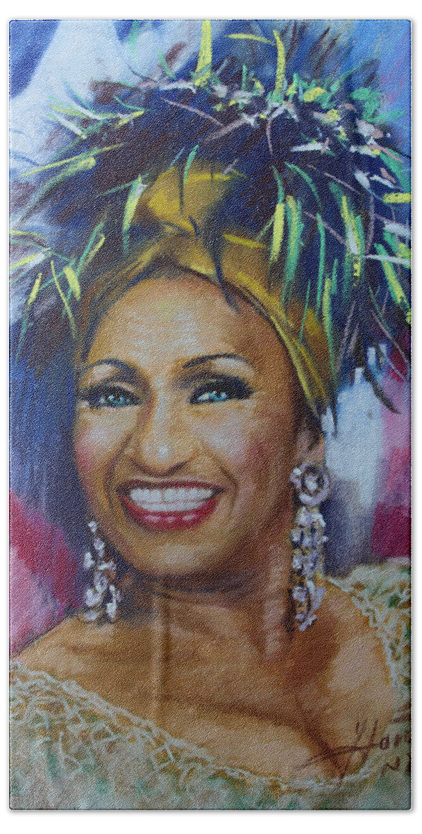 Cuban American Salsa Bath Towel featuring the drawing Celia Cruz by Viola El