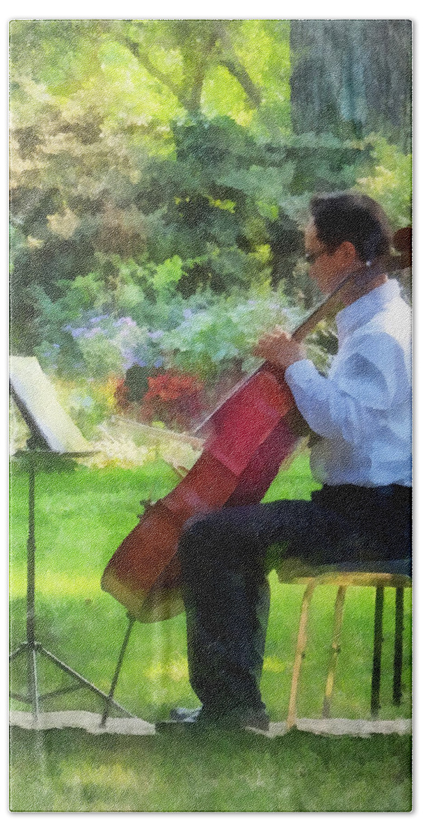 Cello Bath Towel featuring the photograph Cellist in the Garden by Susan Savad