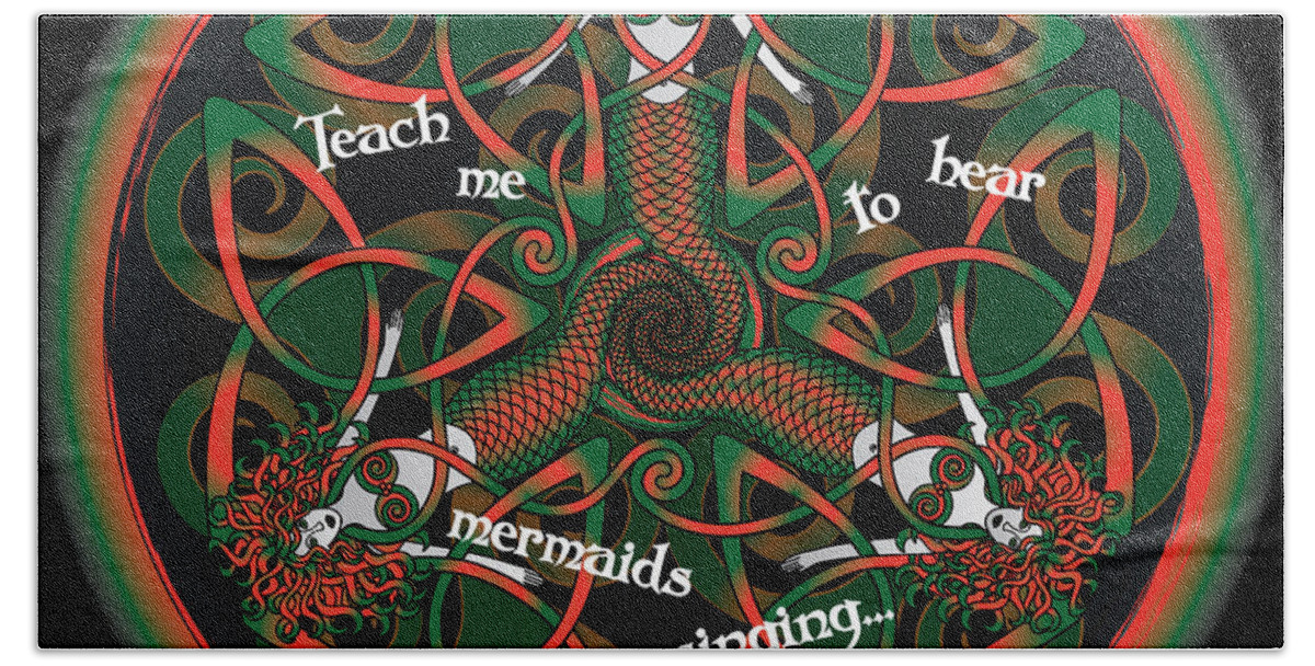 Celtic Art Bath Towel featuring the digital art Celtic Mermaid Mandala in Orange and Green by Celtic Artist Angela Dawn MacKay