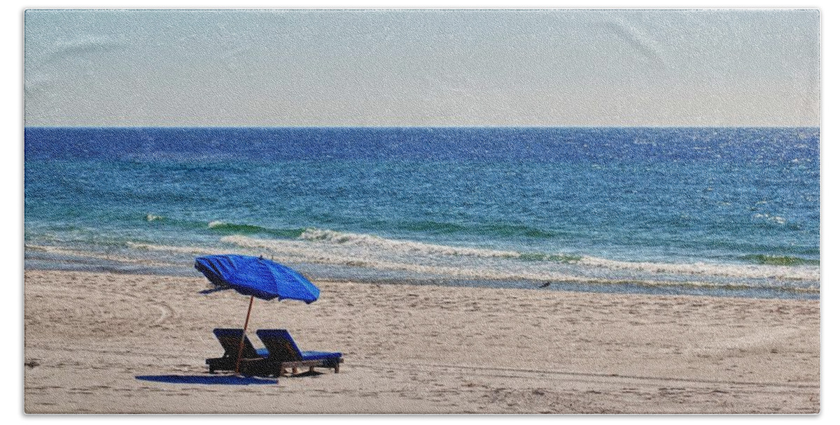 Alabama Hand Towel featuring the digital art Chairs on the Beach with Umbrella by Michael Thomas