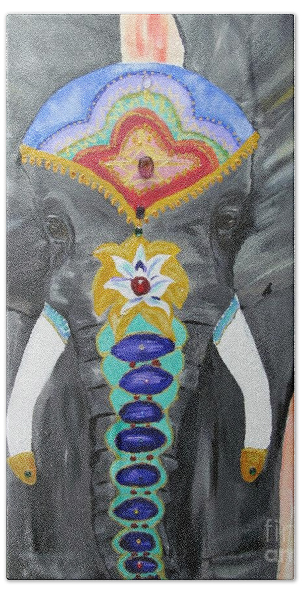 Chakra Colors Hand Towel featuring the painting Chakra Elephant by Susan Voidets