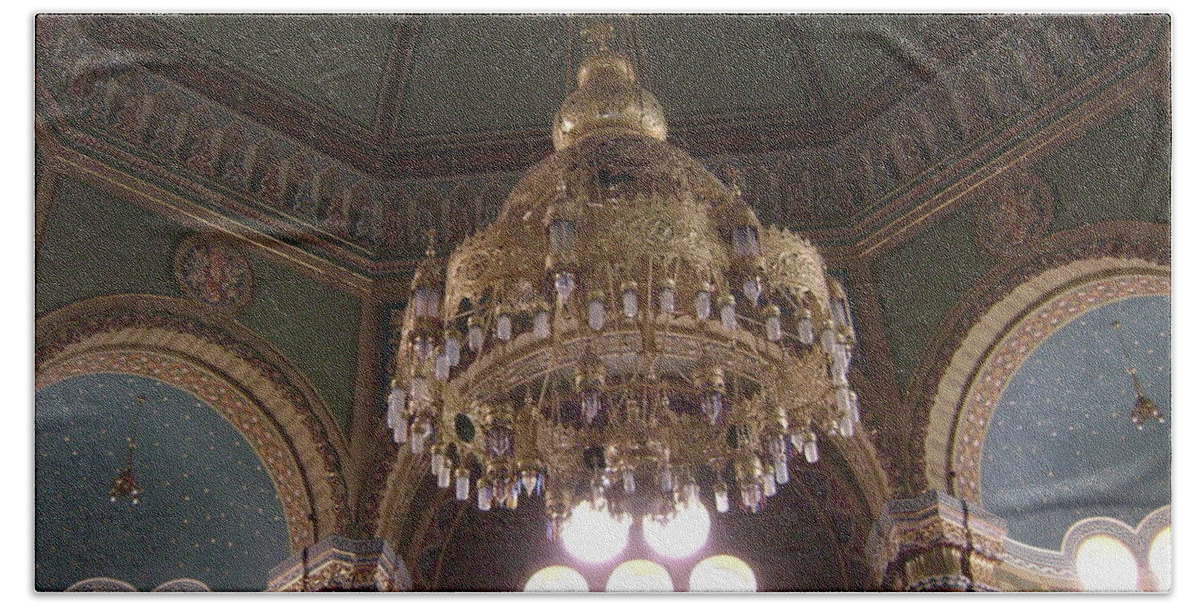 Chandelier Bath Towel featuring the photograph Chandelier Of Sofia Synagogue by Moshe Harboun