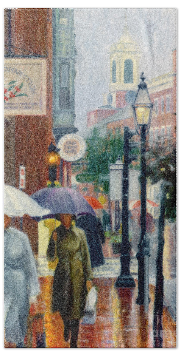 Charles Street Bath Towel featuring the painting Charles Street Umbrellas by Candace Lovely