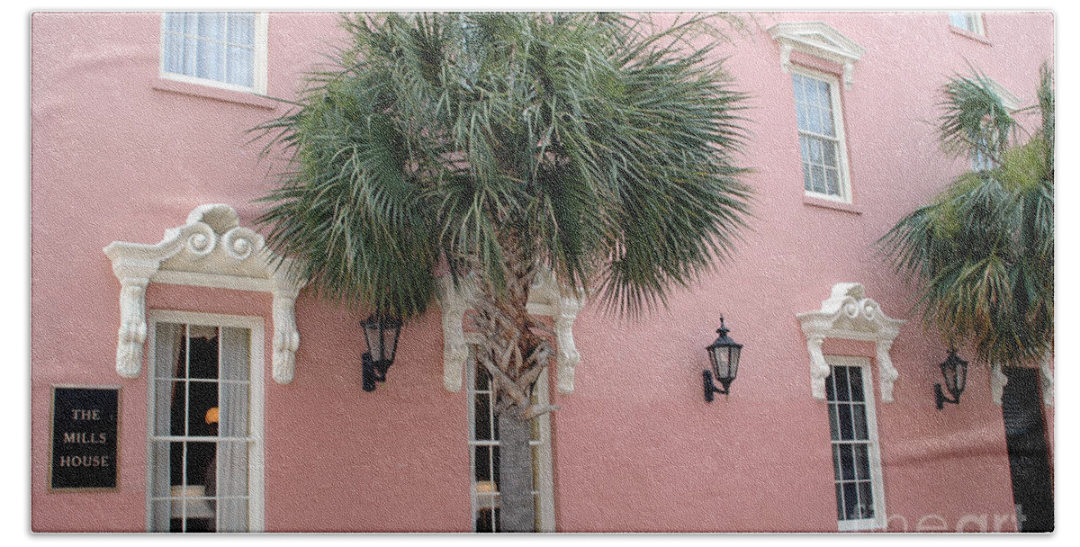 Charleston Houses Bath Towel featuring the photograph Charleston South Carolina Pink Architecture Historical District - The Mills House by Kathy Fornal