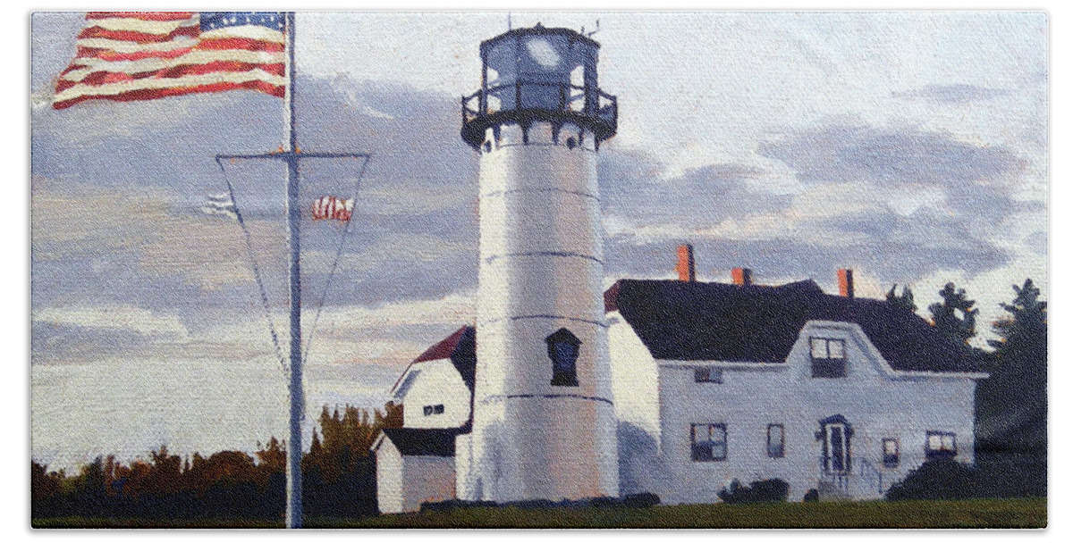 Christine Hopkins Art Hand Towel featuring the painting Chatham Lighthouse Cape Cod Massachusetts by Christine Hopkins