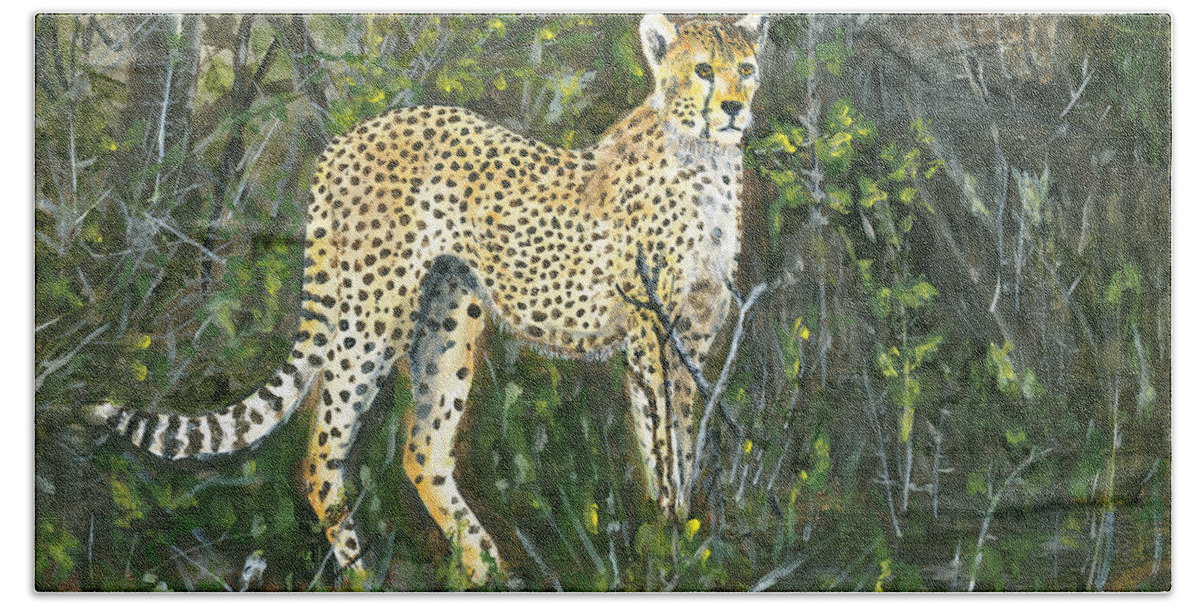 Africa Bath Towel featuring the painting Cheetah Painting by Timothy Hacker