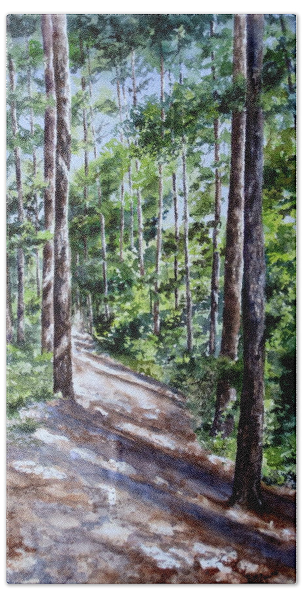 Woods Hand Towel featuring the painting Cheraw Trail by Mary McCullah