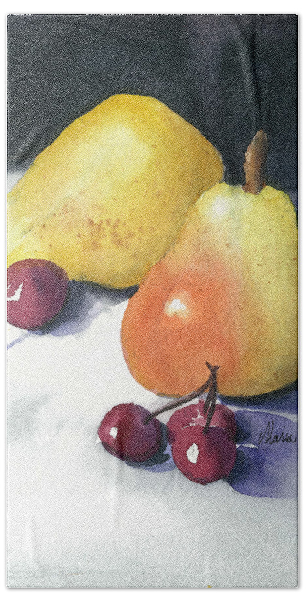 Fruit Hand Towel featuring the painting Cherries and Pears by Maria Hunt
