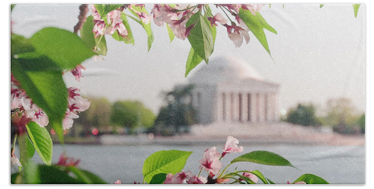 America Bath Towel featuring the photograph Cherry Blossoms and the Jefferson Memorial by Mitchell R Grosky