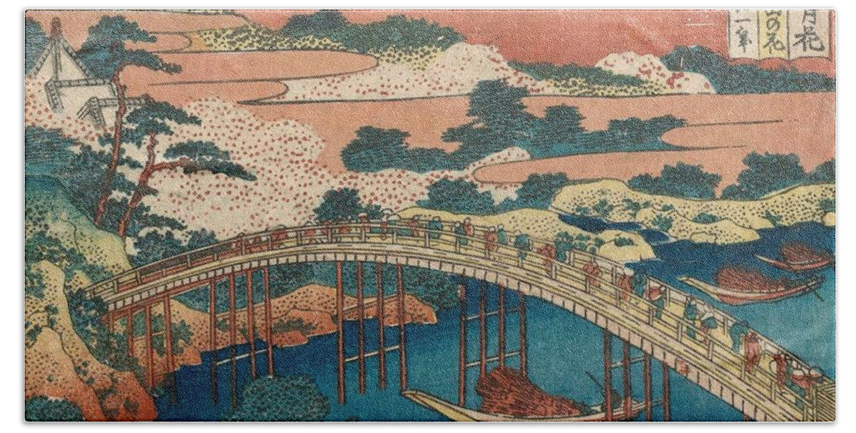 1832-1833 Hand Towel featuring the painting Cherry Blossoms at Arashiyama in Yamashiro Province by Katsushika Hokusai