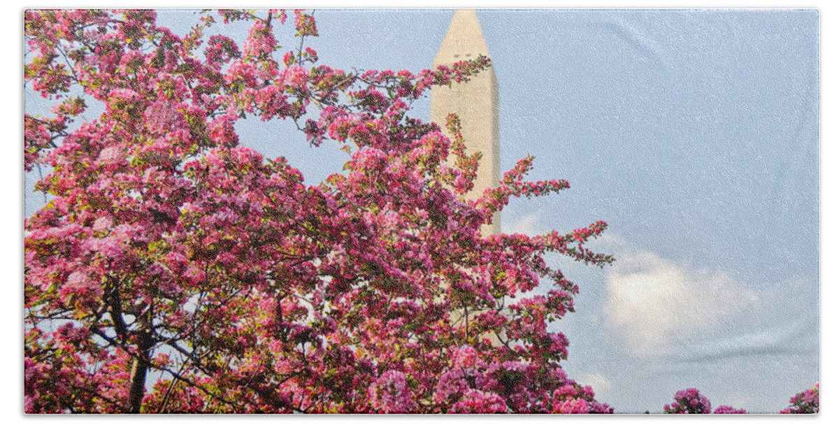 America Bath Towel featuring the photograph Cherry Trees and Washington Monument One by Mitchell R Grosky