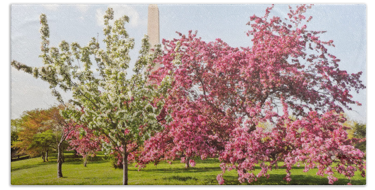 America Hand Towel featuring the photograph Cherry Trees and Washington Monument Three by Mitchell R Grosky