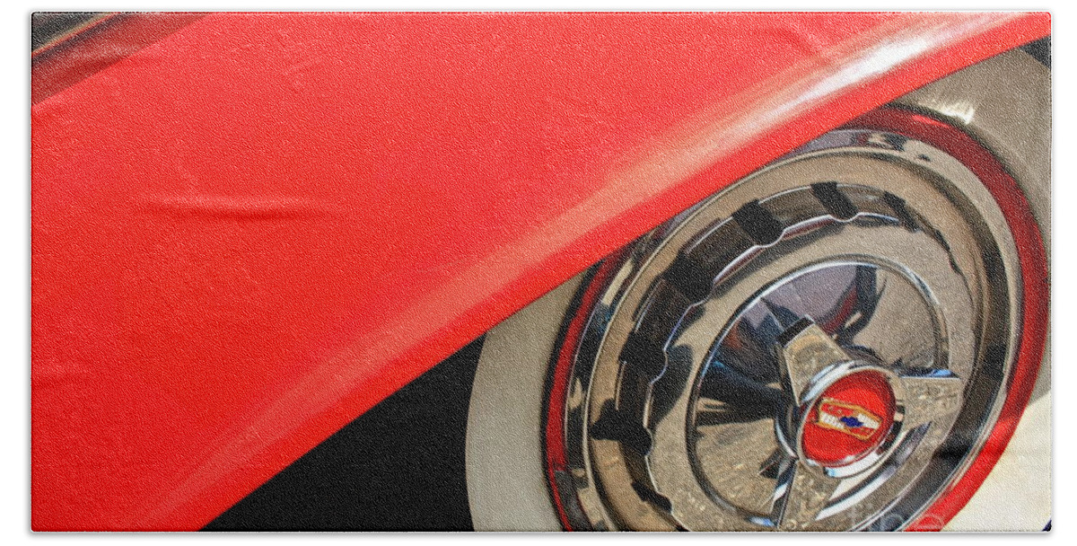 Chev Bath Towel featuring the photograph 1955 Chevy Rim by Linda Bianic
