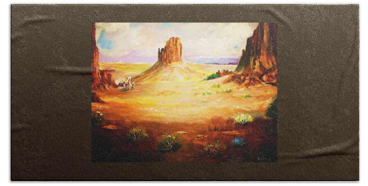 Plains Hand Towel featuring the painting On The Move in The Desert Southwest by Al Brown