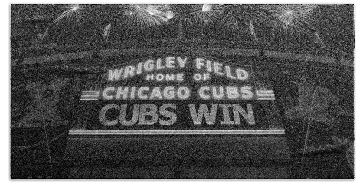 Chicago Bath Towel featuring the photograph Chicago Cubs Win Fireworks Night B W by Steve Gadomski