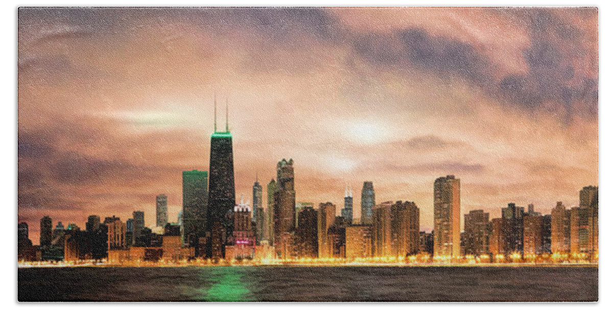 Chicago Bath Towel featuring the photograph Chicago Gotham City Skyline Panorama by Christopher Arndt
