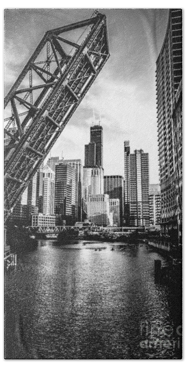 America Hand Towel featuring the photograph Chicago Kinzie Street Bridge Black and White Picture by Paul Velgos