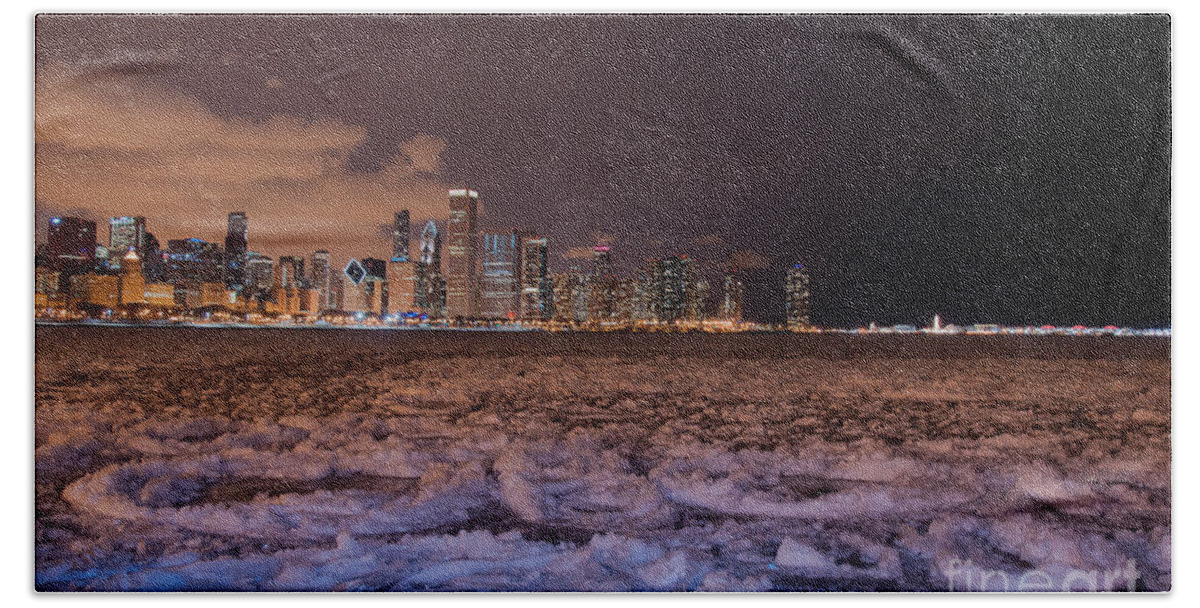 Lake Shore Drive Bath Towel featuring the photograph Chicago night skyline by Dejan Jovanovic