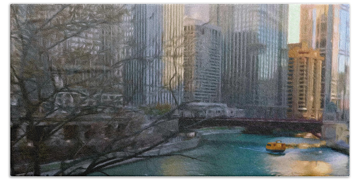 Architecture Hand Towel featuring the painting Chicago River Sunset by Jeffrey Kolker