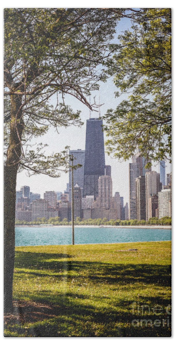 America Hand Towel featuring the photograph Chicago Skyline and Hancock Building Through Trees by Paul Velgos