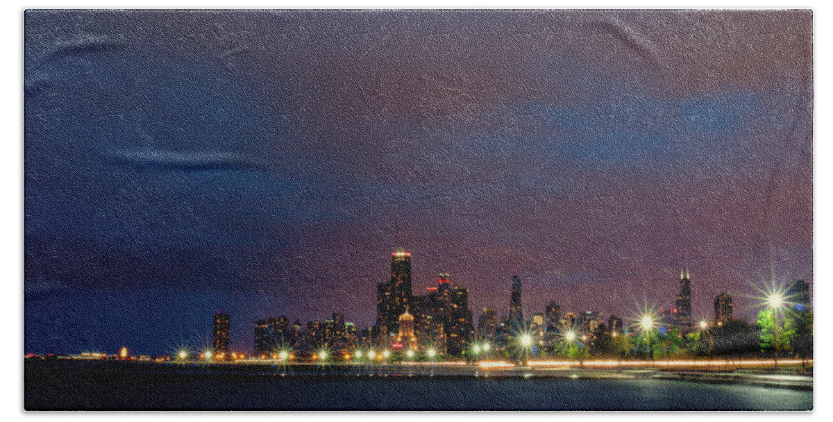Chicago Bath Towel featuring the photograph Chicago Skyline at Night by Lauri Novak