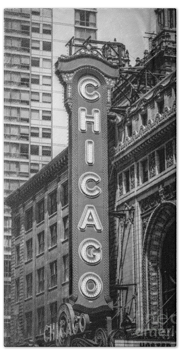 America Hand Towel featuring the photograph Chicago Theater Sign in Black and White by Paul Velgos