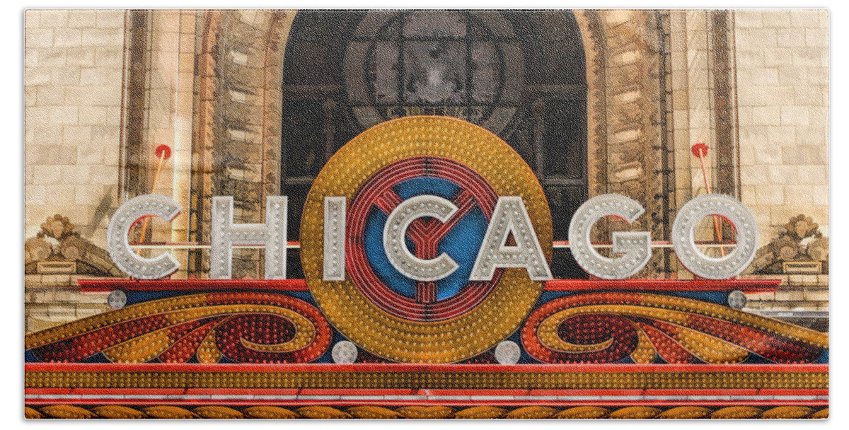 Chicago Bath Towel featuring the painting Chicago Theatre Marquee Sign by Christopher Arndt