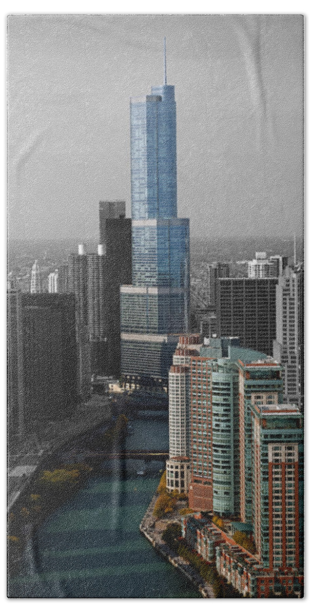 Il Hand Towel featuring the photograph Chicago Trump Tower Blue Selective Coloring by Thomas Woolworth