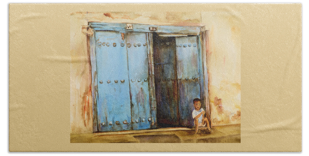 Doorway Bath Towel featuring the painting Child sitting in old Zanzibar doorway by Sher Nasser