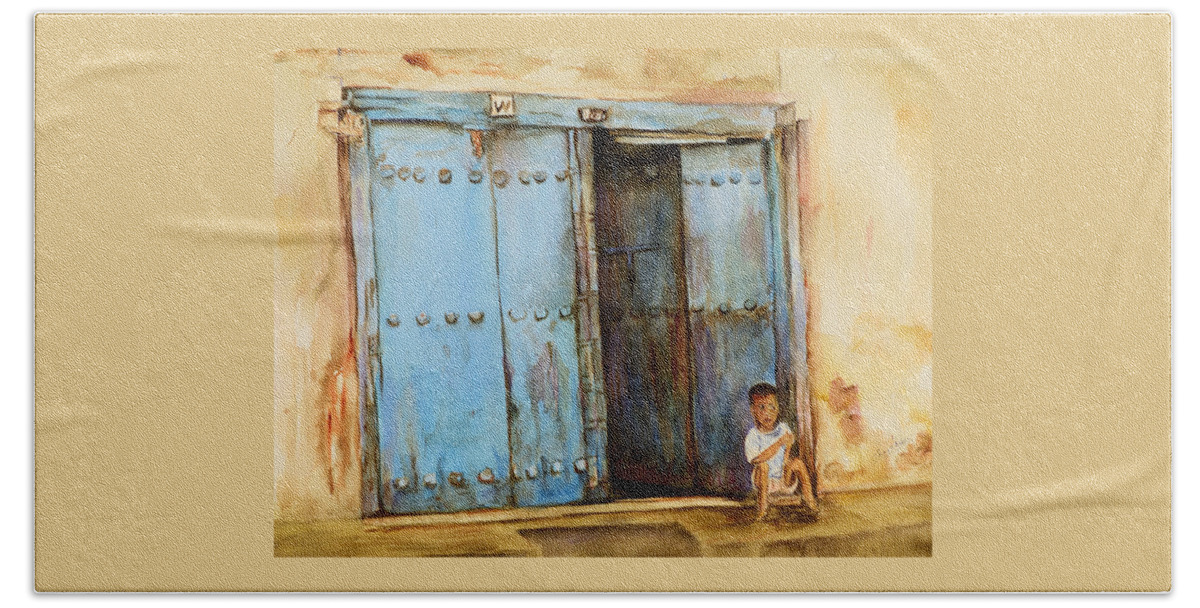 Doorway Hand Towel featuring the painting Child sitting in old Zanzibar doorway by Sher Nasser