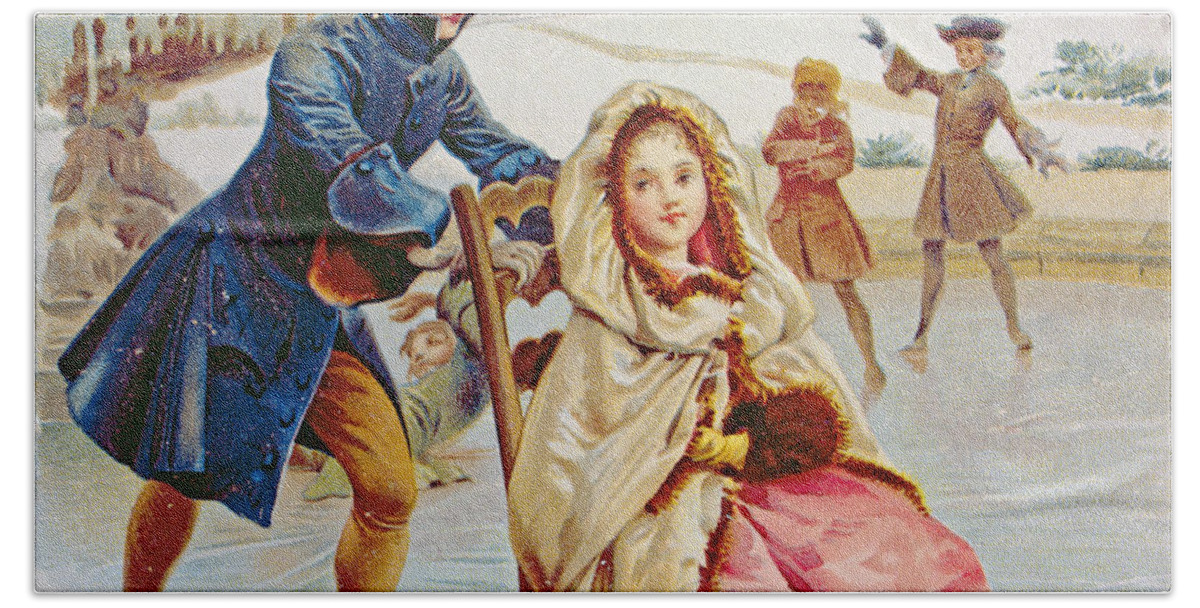 Skates Bath Towel featuring the painting Children Skating by Maurice Leloir