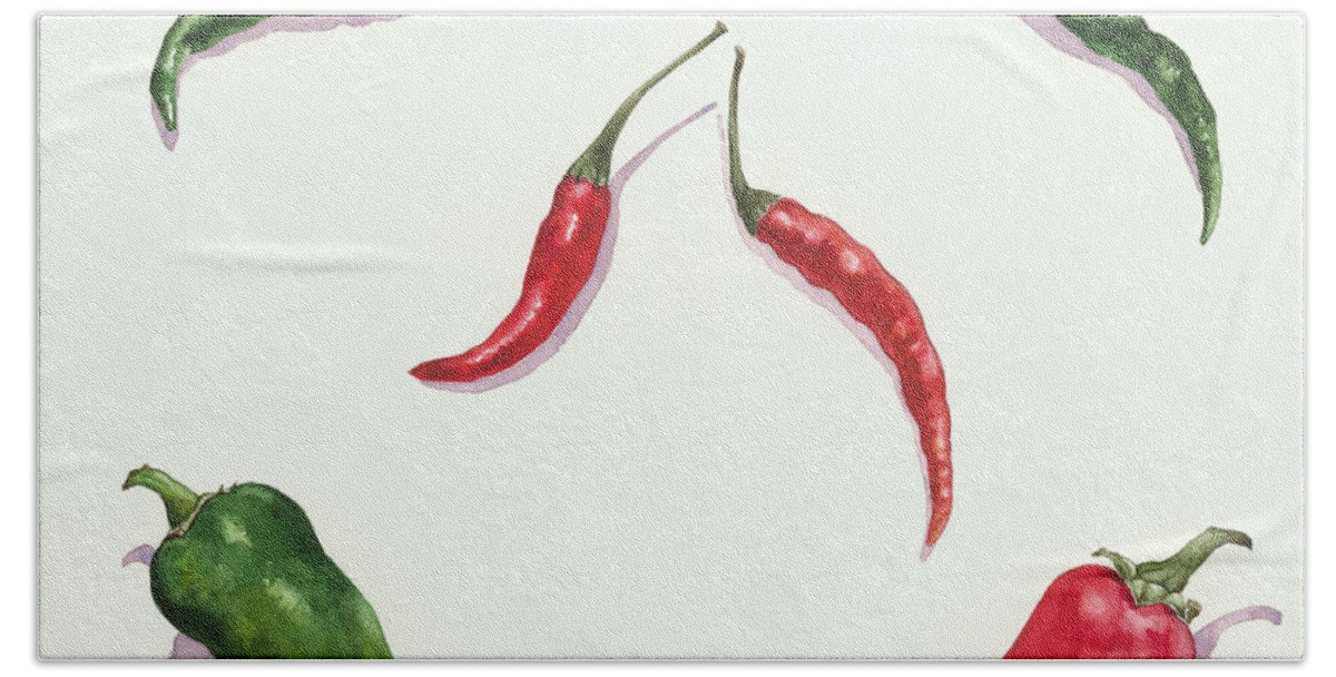 Chilli Hand Towel featuring the painting Chillies and Peppers by Alison Cooper