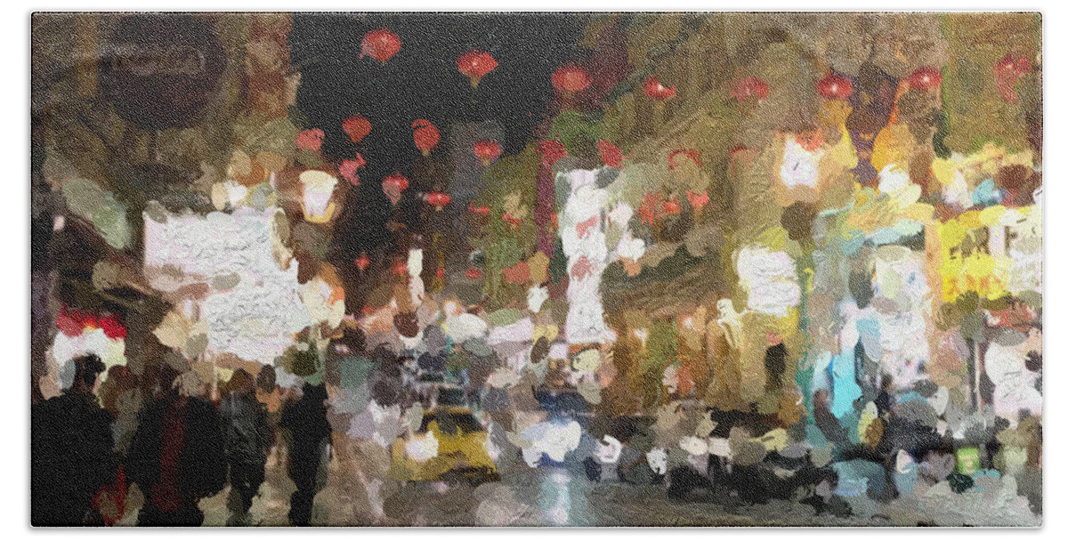 san Francisco Hand Towel featuring the painting China Town At Night by Linda Woods