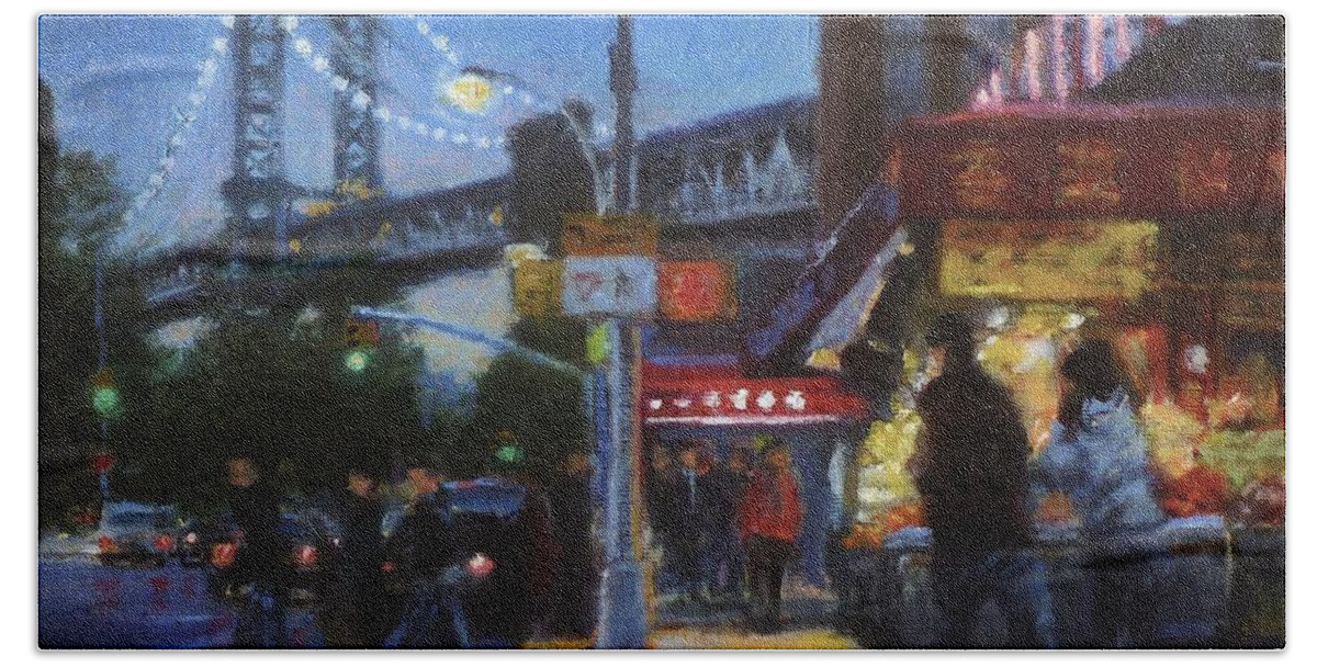 Chinatown Nocturne Bath Towel featuring the painting Chinatown Nocturne by Peter Salwen