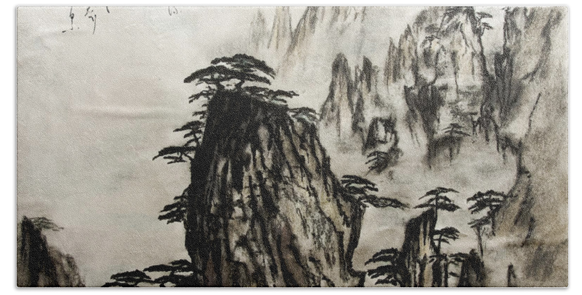 Calm Bath Towel featuring the painting Chinese Mountains with poem in ink brush calligraphy of love poem by Peter V Quenter