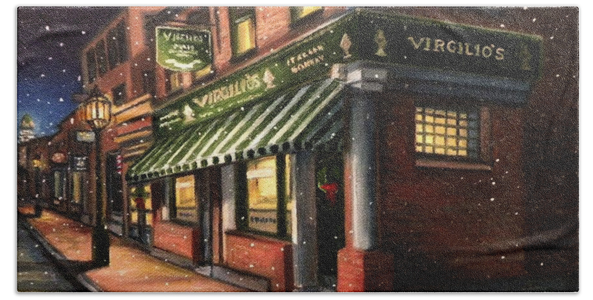 Gloucester Hand Towel featuring the painting Christmas At Virgilios by Eileen Patten Oliver