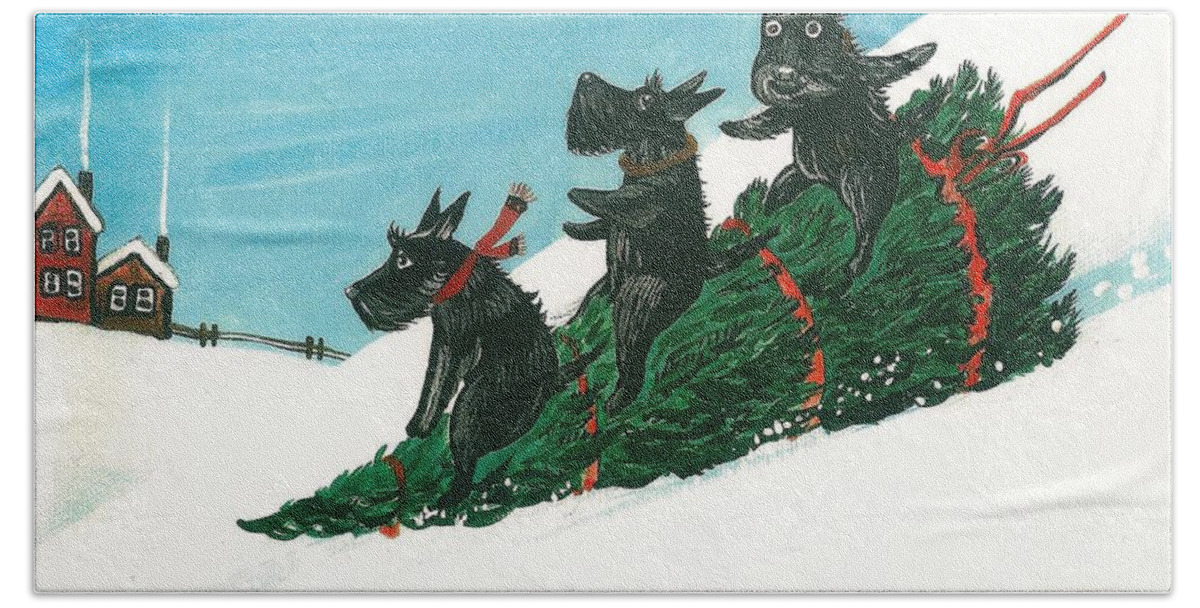 Painting Hand Towel featuring the painting Christmas Day Scottie Style by Margaryta Yermolayeva