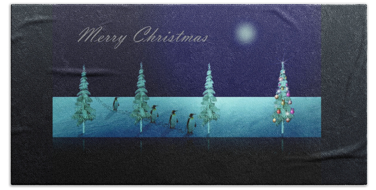 Penguin Hand Towel featuring the digital art Christmas Eve Walk of the Penguins by David Dehner
