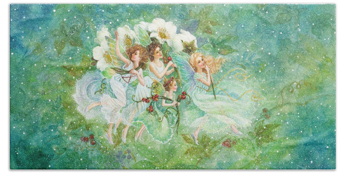 Fairies Hand Towel featuring the painting Christmas Fairies by Lynn Bywaters